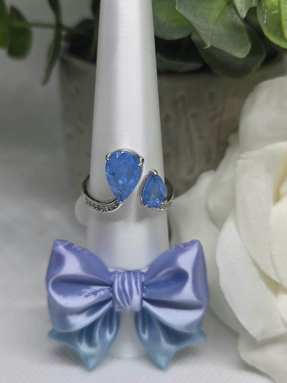 BP Elegant Ocean Blue Quartz Teardrop Ring On Rhodium